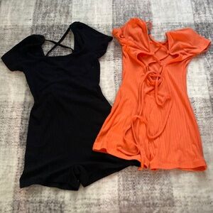 2 Wild Fable Women's Short Sleeve Lace-up Back Fitted Romper’s. Orange & Black